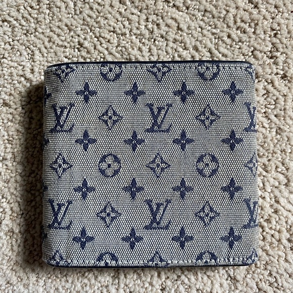 Authentic Louis Vuitton classic monogram Mini Lin compact wallet navy grey - Picture 5 of 10